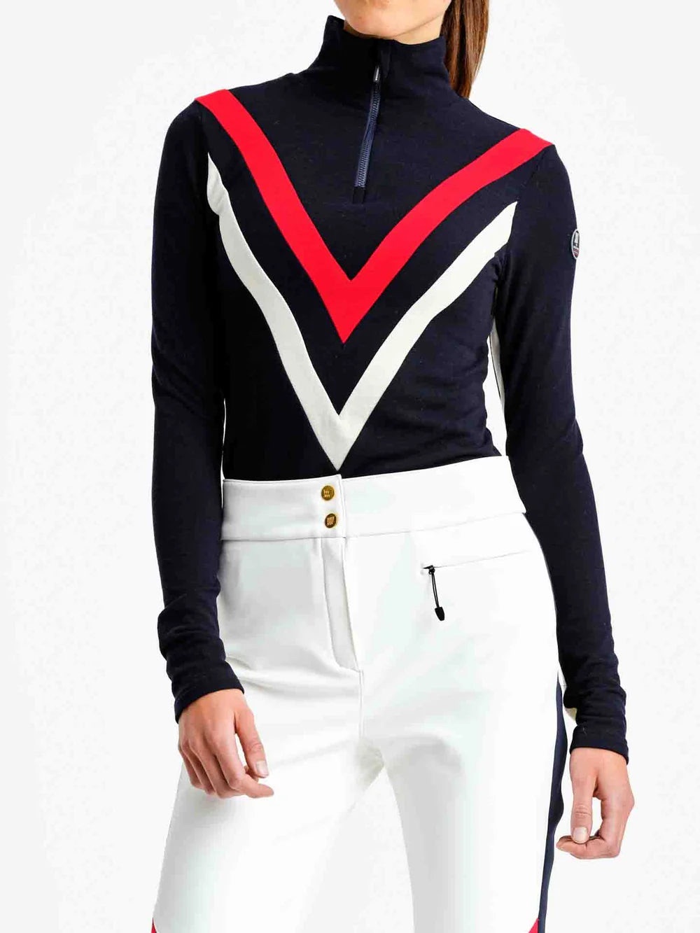 WE NORWEGIANS Merino Wool Blue Quarter-Zip Sweater with Red & White Chevron